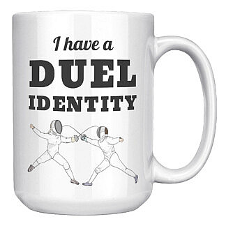 Hand holding 15oz Duel Identity Mug